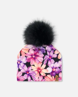 Printed Jersey Detachable Pompom Hat Black With Pink And Orange Flowers
