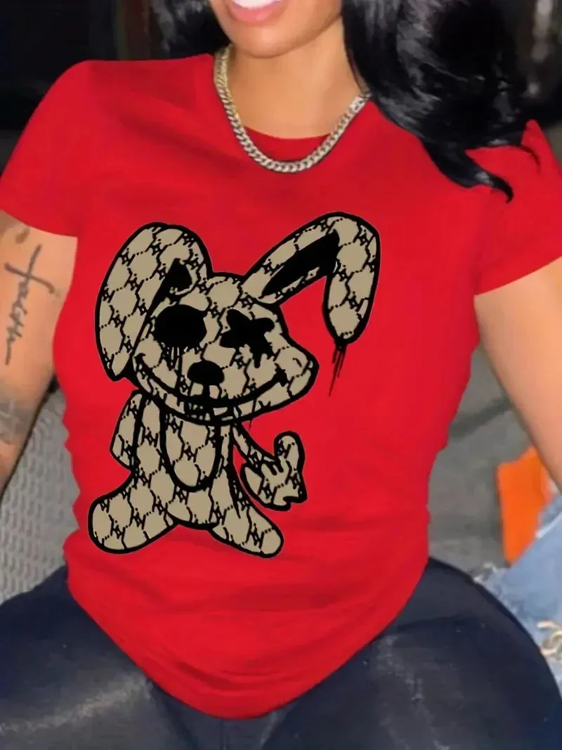 Rabbit Print T-Shirt Crew Neck Short Sleeve T-Shirt