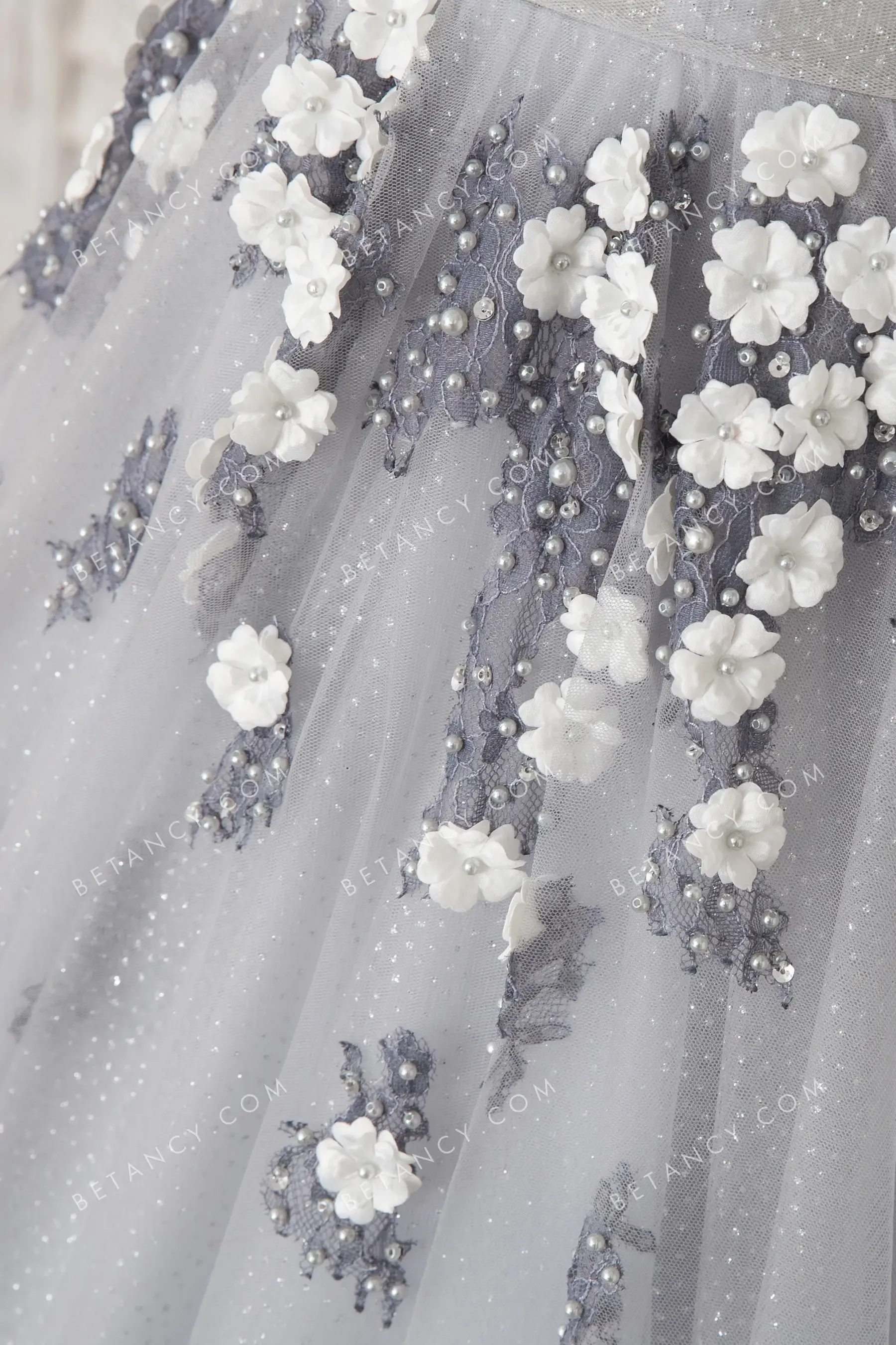 Silver Gray Pearls Flowers Glitter Tulle Formal Dress