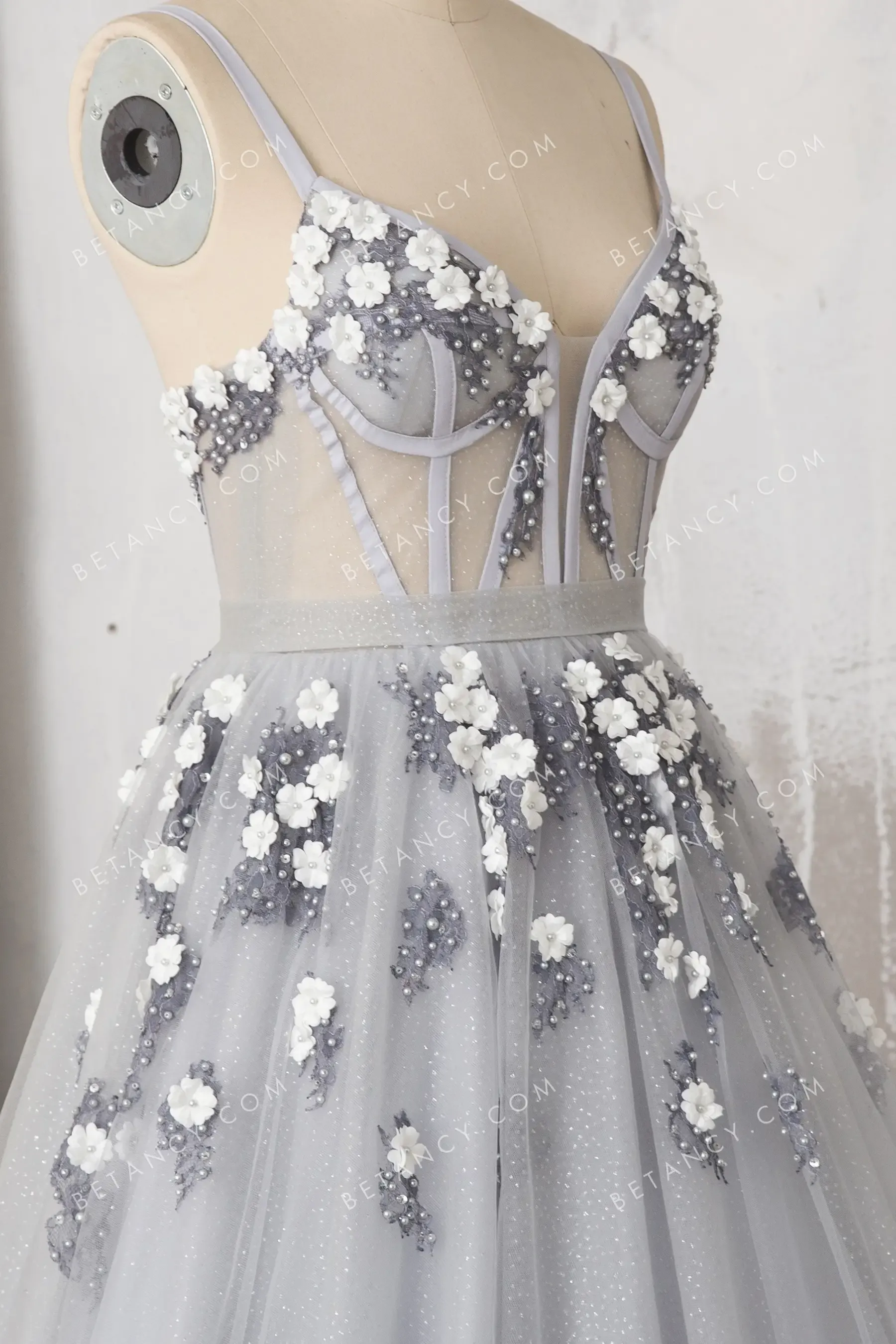 Silver Gray Pearls Flowers Glitter Tulle Formal Dress