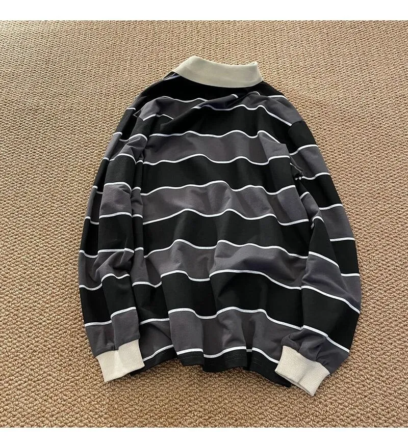 Striped POLO Shirt Men Women Casual Loose Couple BF Lapel Sweatshirts