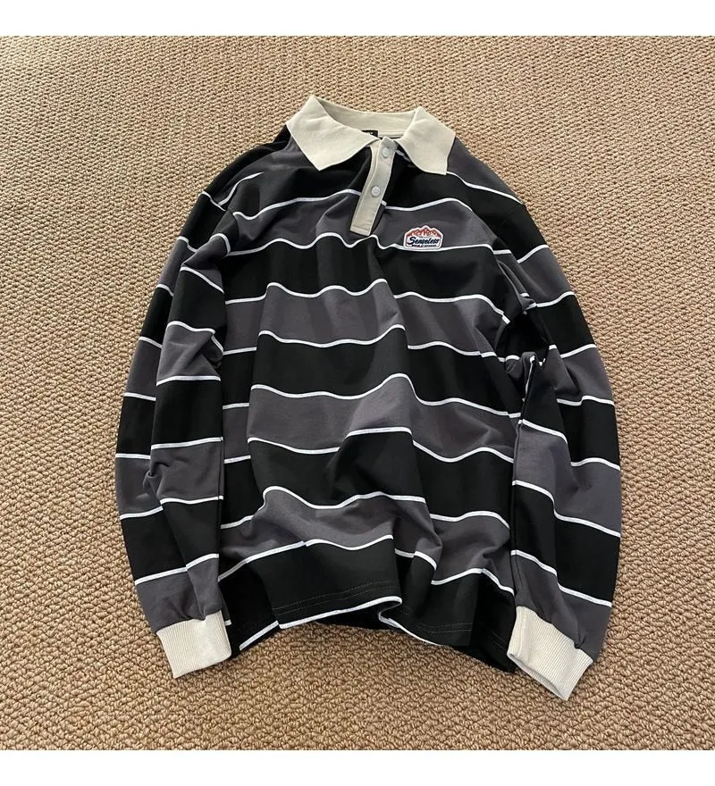 Striped POLO Shirt Men Women Casual Loose Couple BF Lapel Sweatshirts
