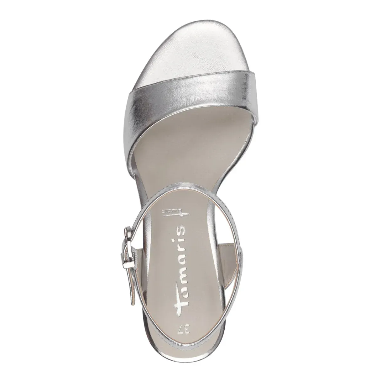Tamaris Stylish Silver Vegan Heels with Buckle Strap