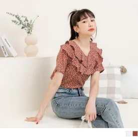 V-NECK PRINTED RUFFLE SHORT SLEEVE TOPS
