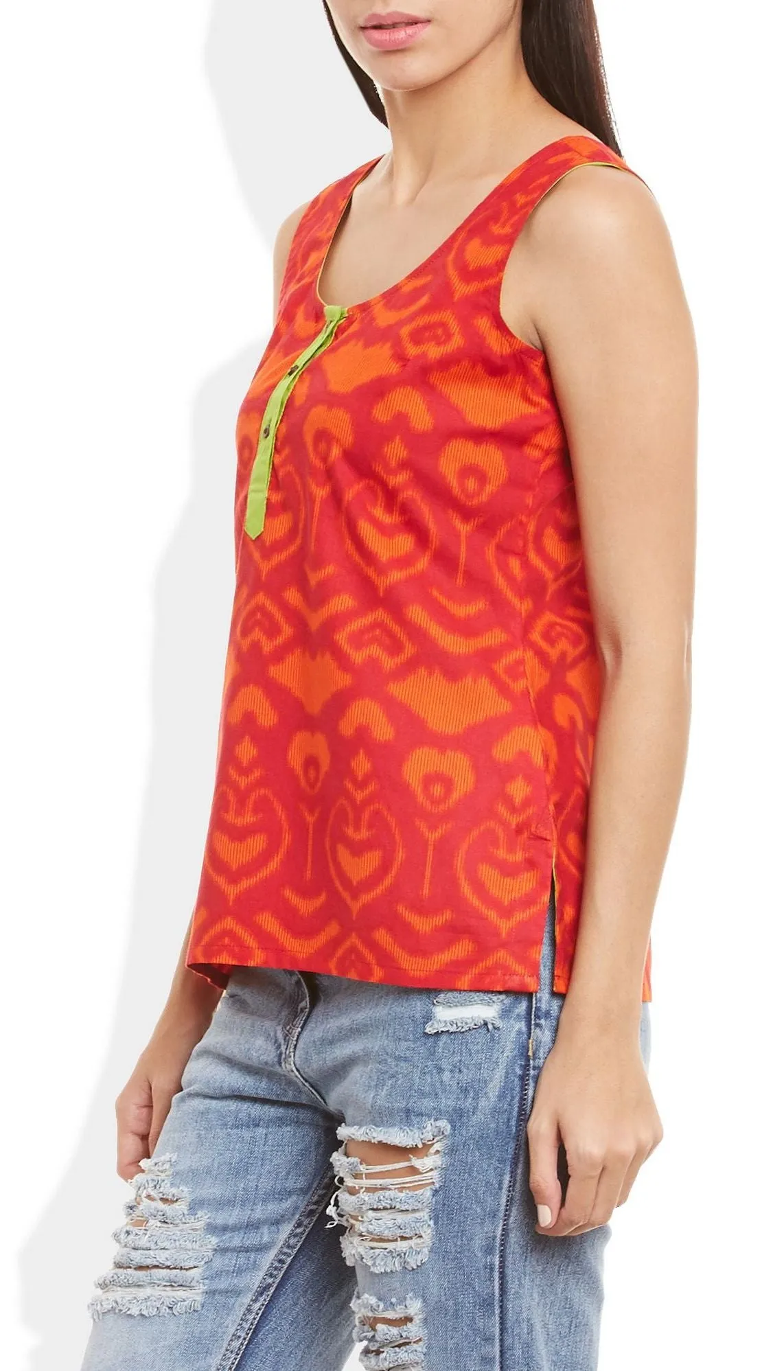 Womens Cotton Printed Short Top Kurti Sleeveless With Contrast Placket And Buttons,2X-Large,W-CST40-3138