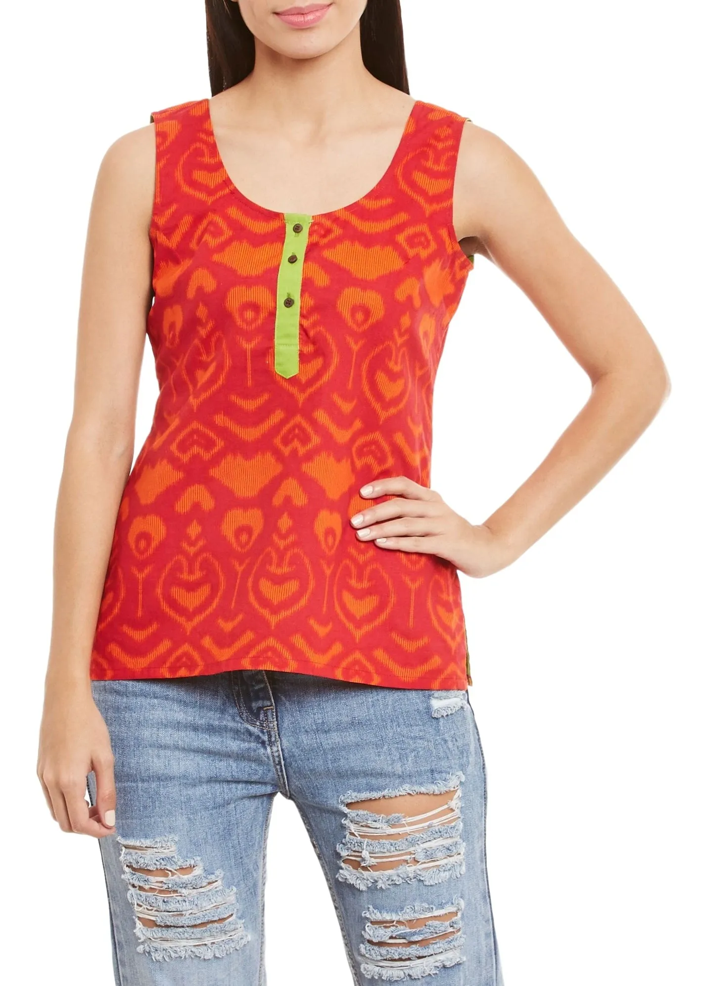 Womens Cotton Printed Short Top Kurti Sleeveless With Contrast Placket And Buttons,2X-Large,W-CST40-3138