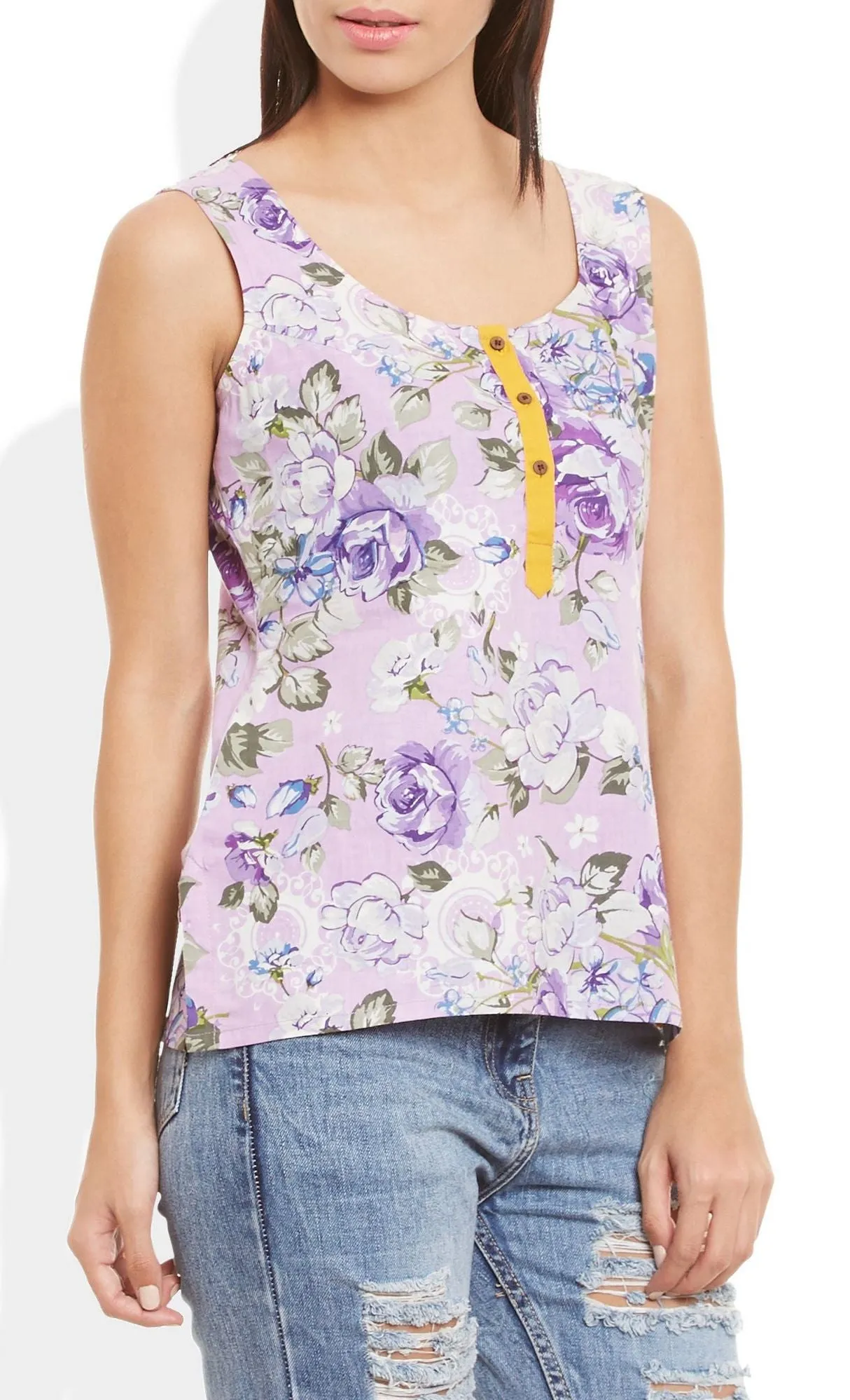 Womens Cotton Printed Short Top Kurti Sleeveless With Contrast Placket And Buttons,X-Large,W-CST38-3117