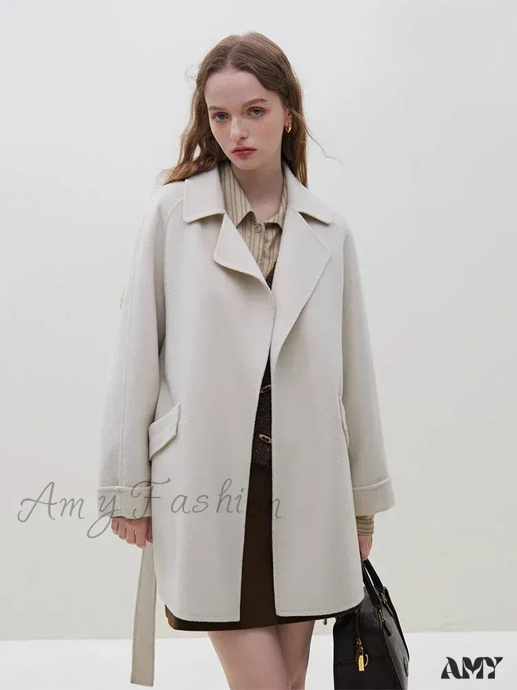 Wool One Hand Length Retro Red Raglan Sleeve Belt Design Mid-Length Coat