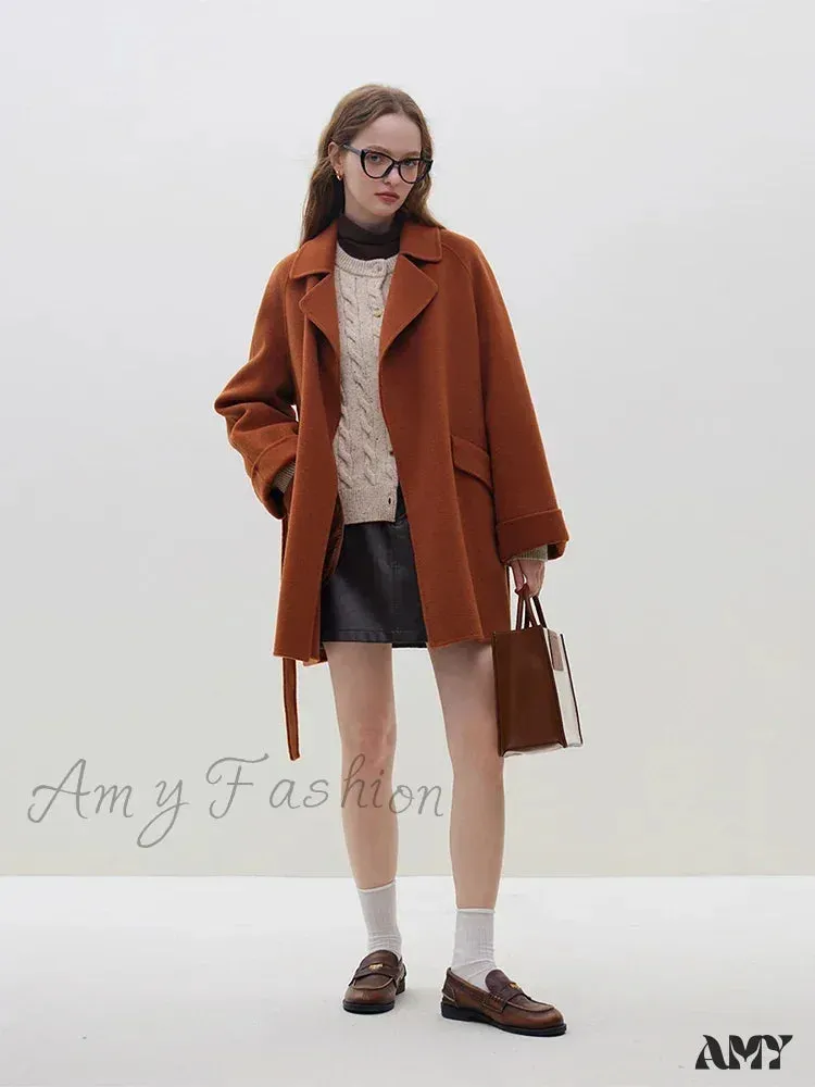 Wool One Hand Length Retro Red Raglan Sleeve Belt Design Mid-Length Coat